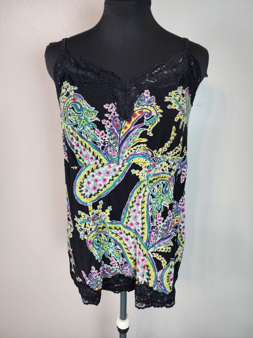Y2K Lace Trim Babydoll Camisole Womens 14/16 Boho Indie Sleaze Paisley Cami Neon